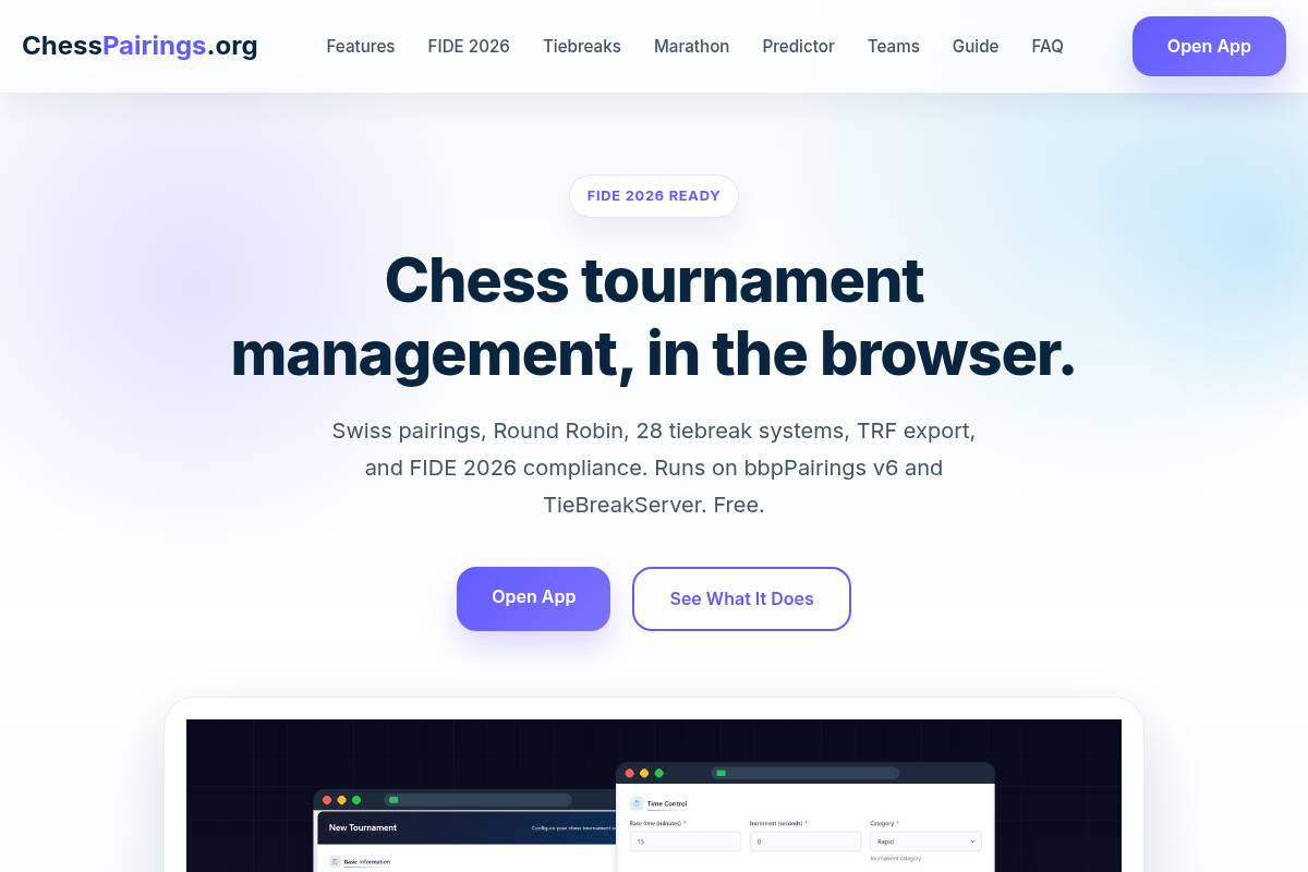 2. ChessPairings.org — Best for FIDE 2026 Compliant Free Tournament Management