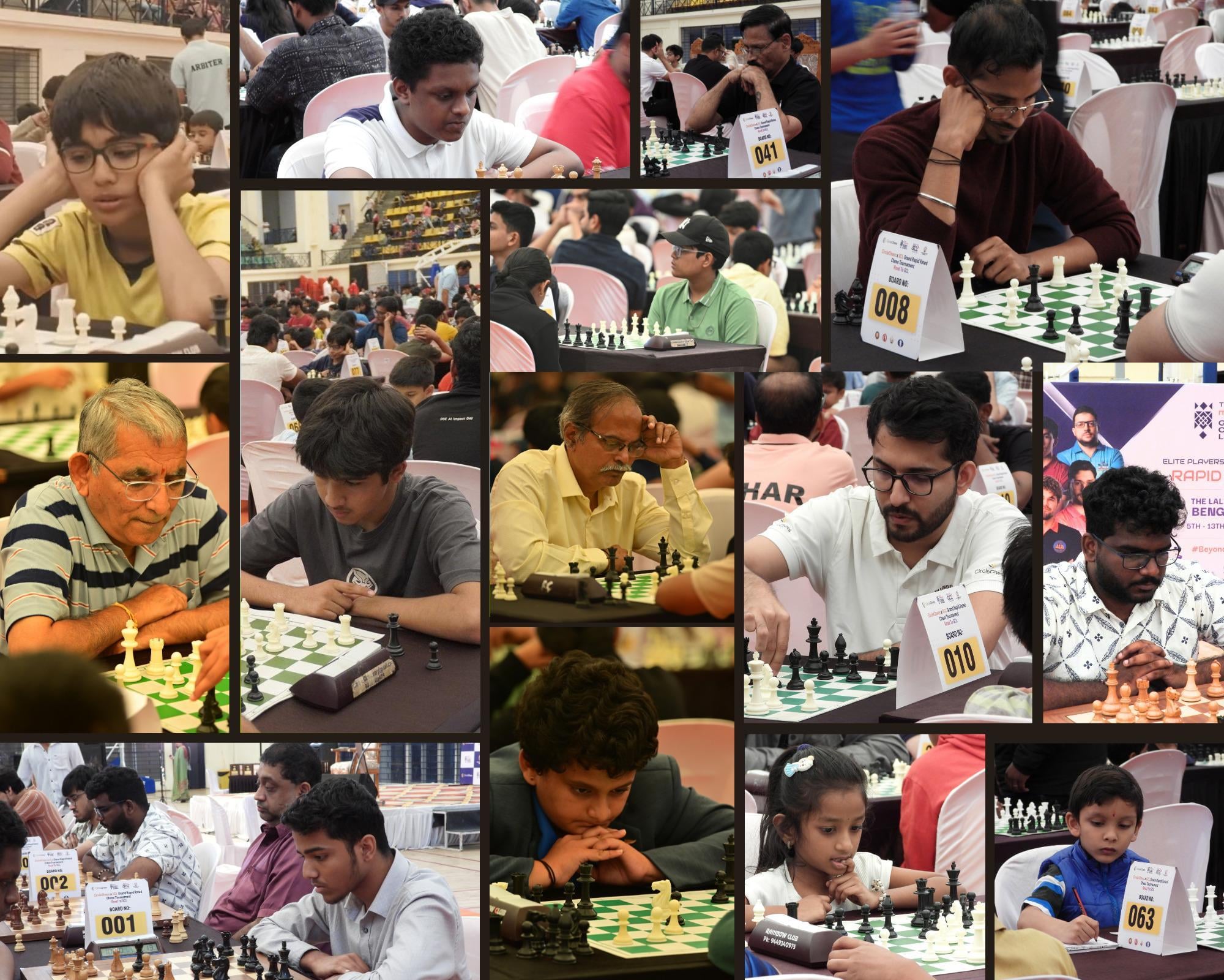 Collage of chess players deep in concentration at their boards during the CircleChess x GCL Grand Open
