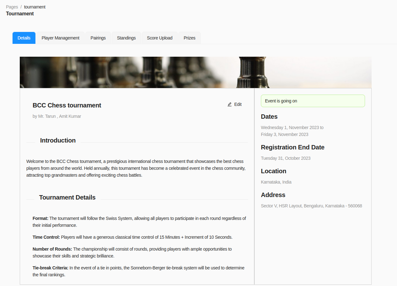 image of the front page of chess tournaments in india