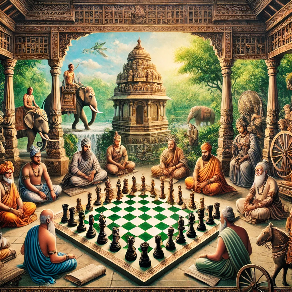 An amazing picture showing the history of chess where the people from Ancient India are playing chess