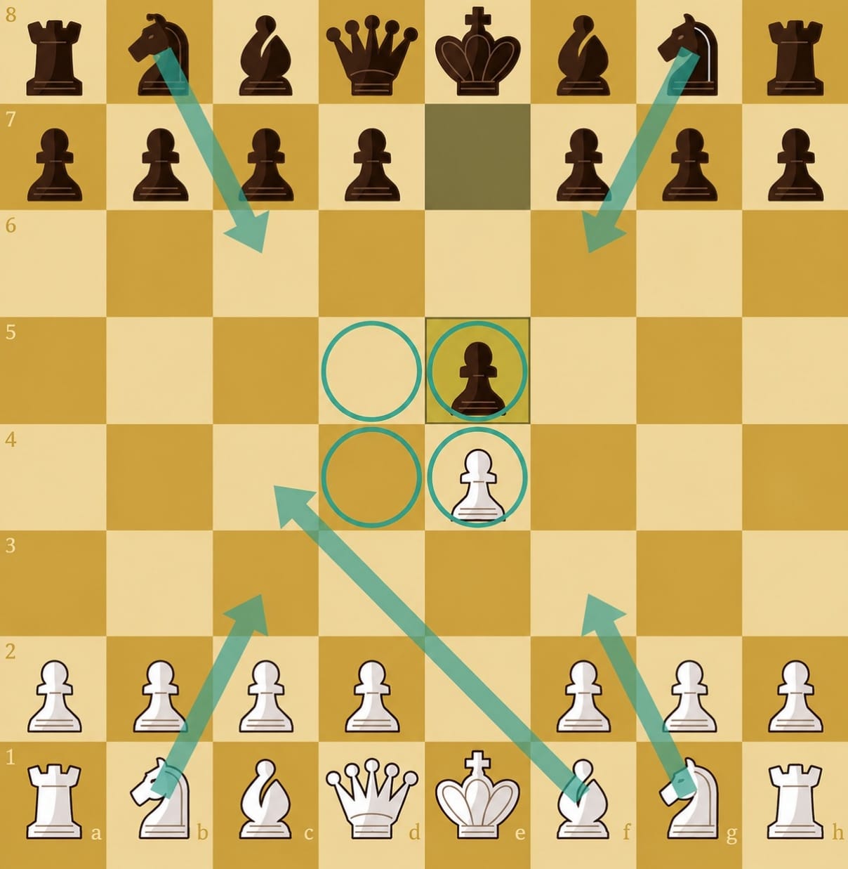 Center-control study on Caissa's opening trainer: after 1.e4 e5, arrows trace which squares each side already contests